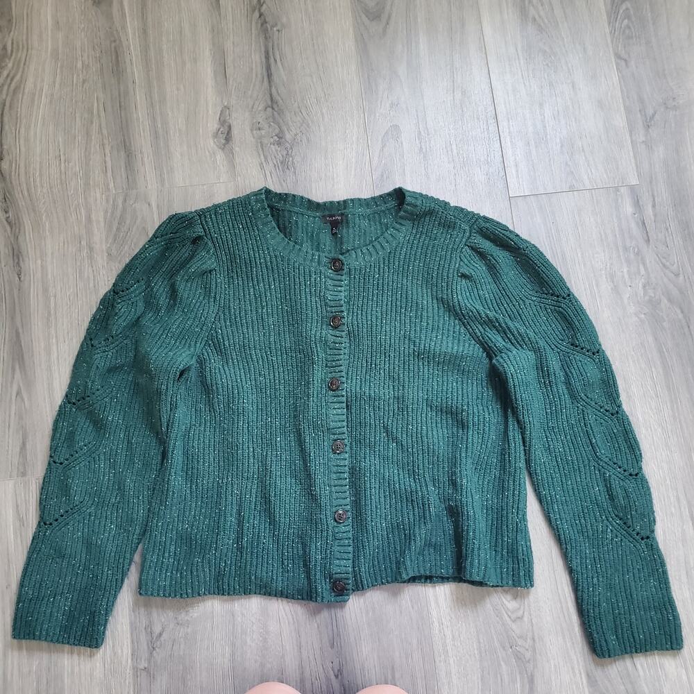 Talbots Sweater Womens XL Green Button Front Puff Sleeve Cardigan Knit Pullover